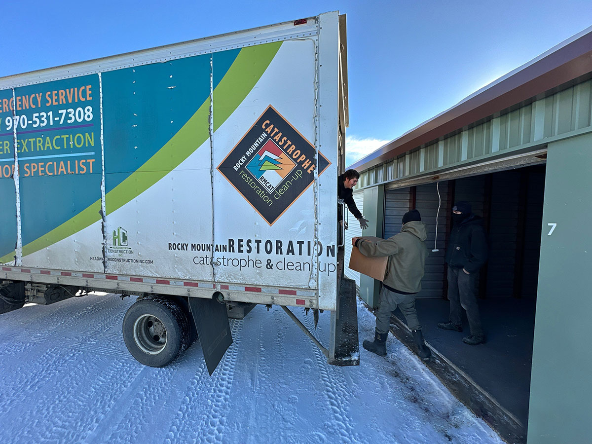 Rocky Mountain Catastrophe & Restoration truck loading during a snowy day. Non-emergency property inspections