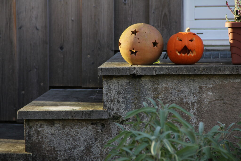 Carved pumpkins on front porch steps