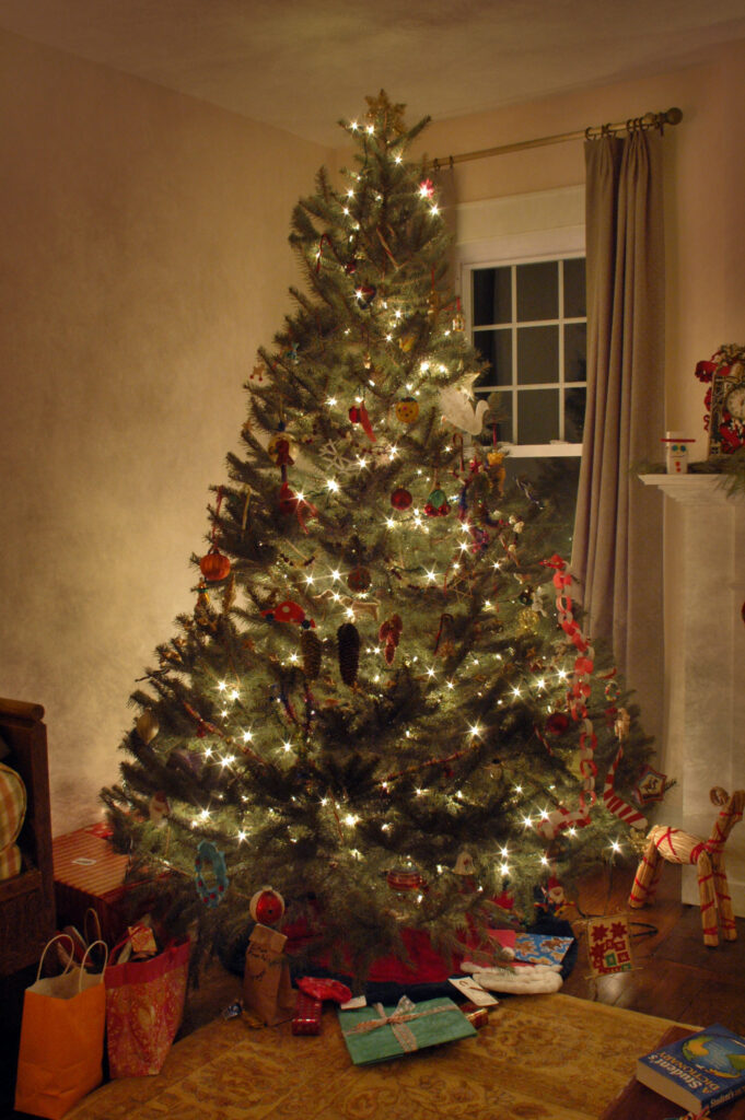 Decorated Christmas tree with lights in a living room