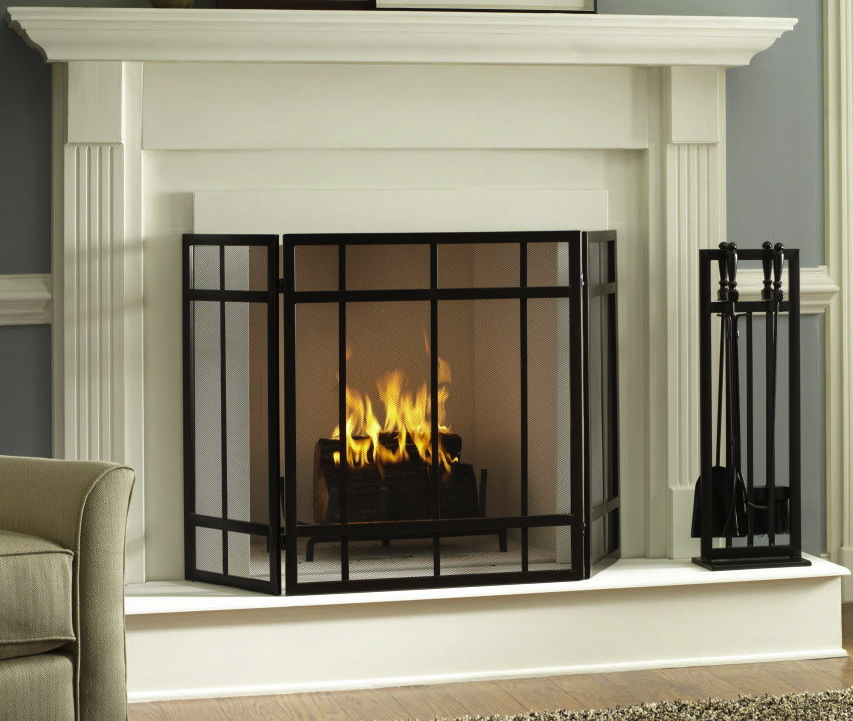 Fireplace with a fire burning behind a black safety screen