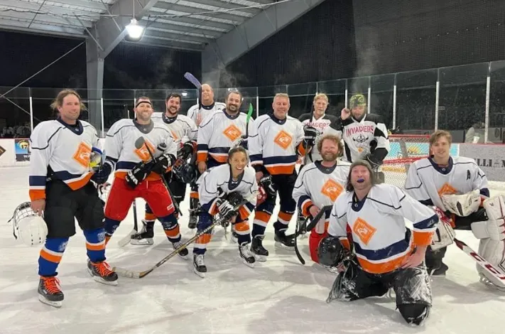 The company-sponsored hockey team on the ice