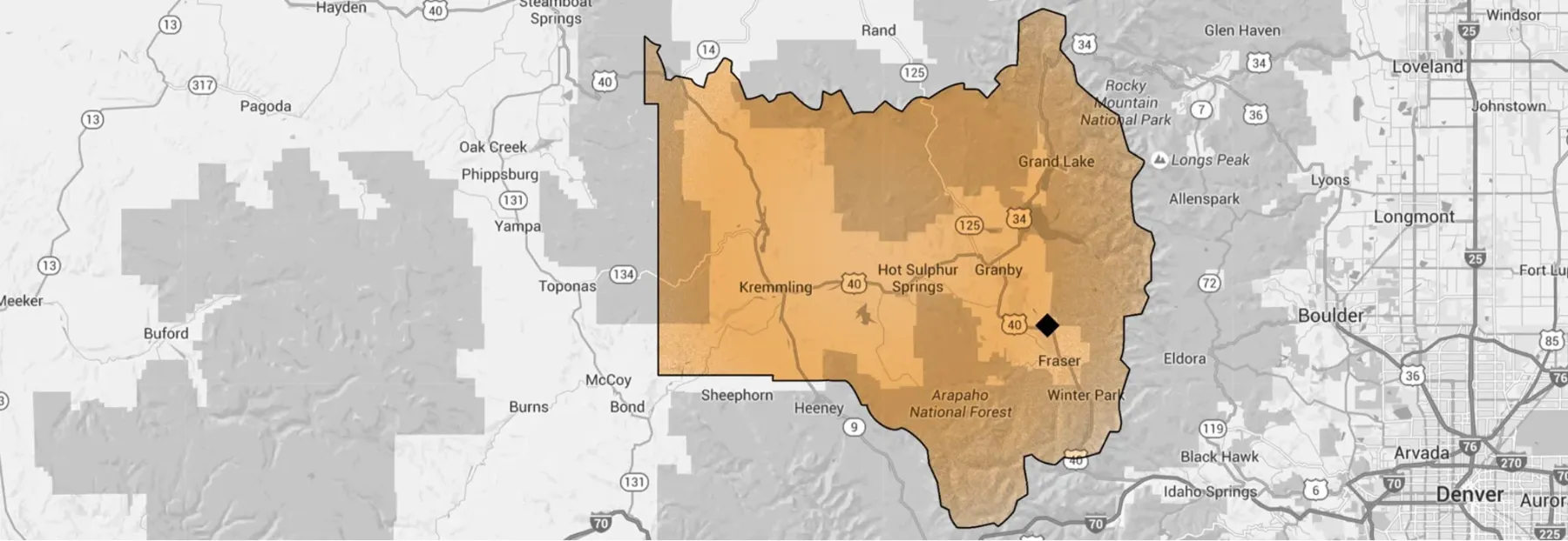 Map of the Rocky Mountain Catastrophe & Restoration service area covering Grand County, Colorado, with the Tabernash office marked